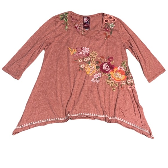 Johnny Was JWLA Embroidered Floral Scoop Neck Relaxed Tunic Tee Shirt Rust L - Picture 1 of 9